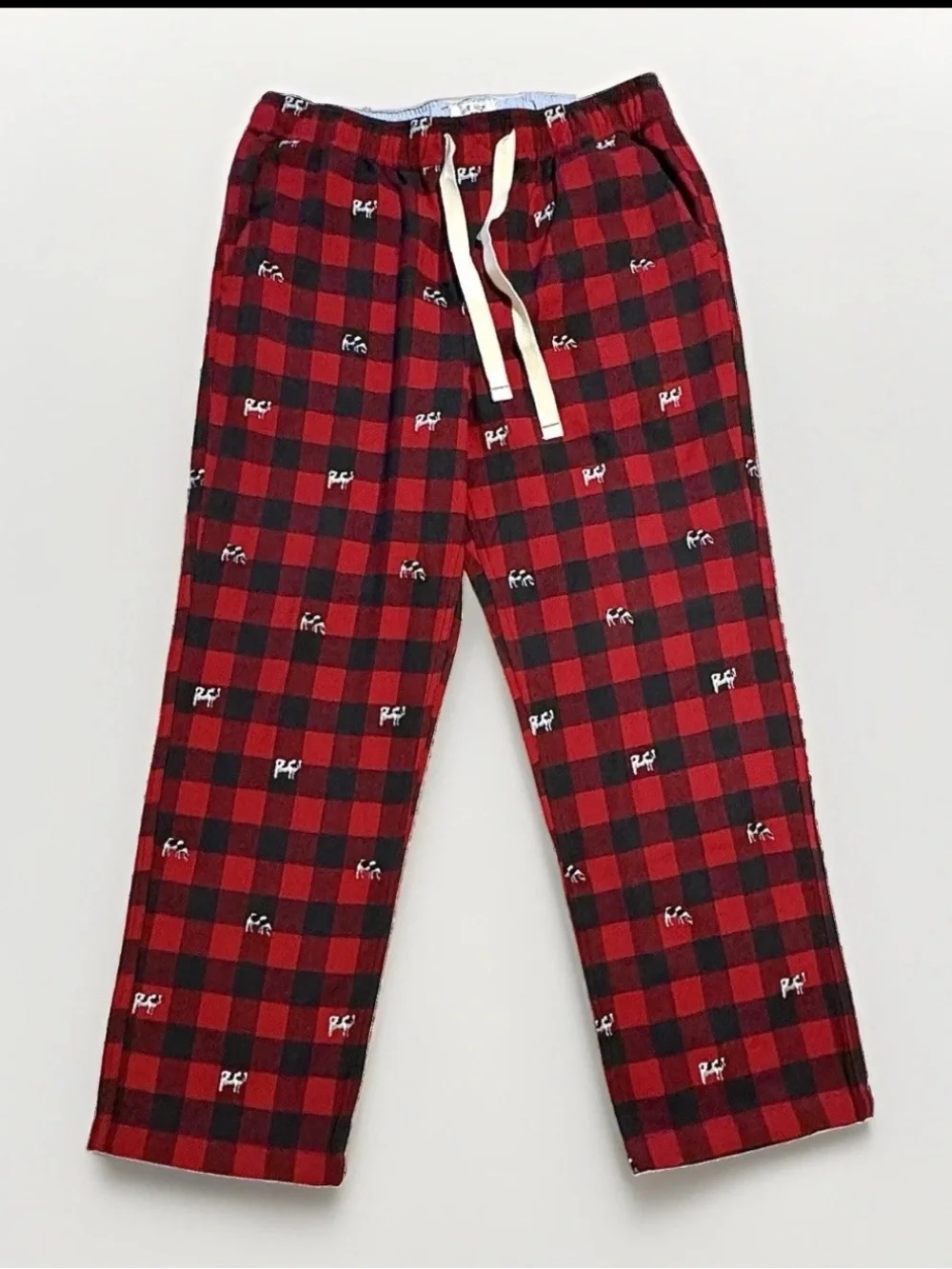 J. Crew NWT Men’s Sz L Pajama Pants In Red Buffalo Plaid Embroidered Cow Print